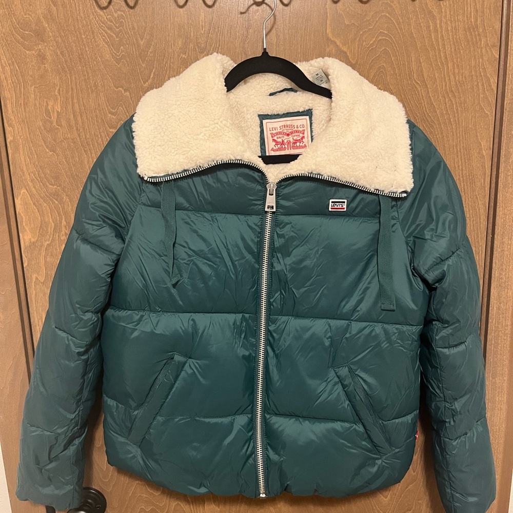 Levi's Teal Green Puffer Jacket with Cream Sherpa Lining